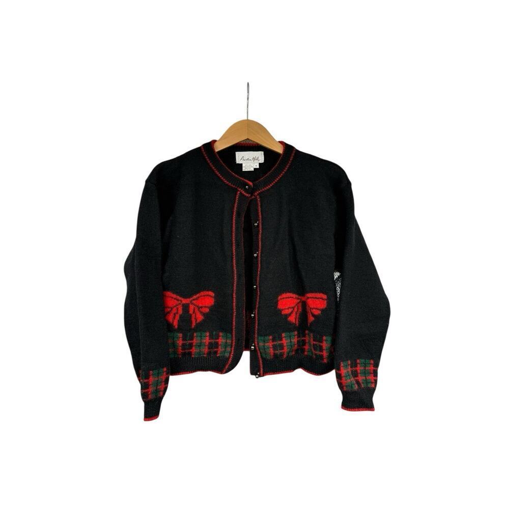 Austin Hill 100%‎ Wool Button Front Cardigan Black Red Holiday Bows Sweater M